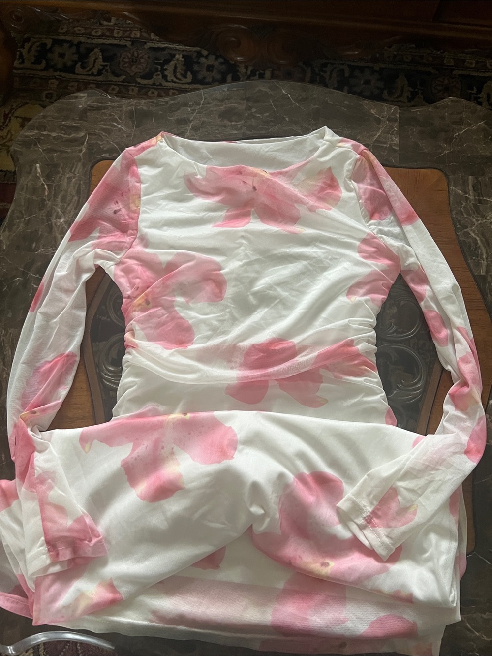 SHEIN White Long-Sleeve Chemise with Pink Floral Print